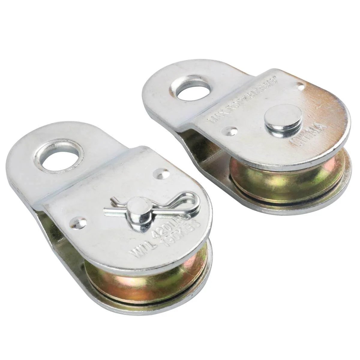 Zinc Plated Fixed Single Pulley Fixed Eye Steel Pulley 1-1/2" 2 pack showing front view with removable axle feature.