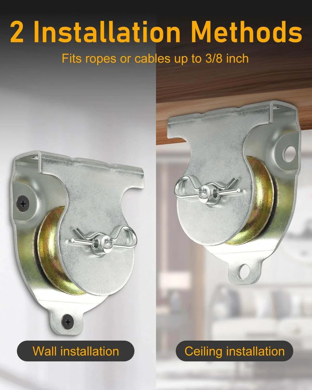 12 Pcs Wall Mount Pulley, 1-1/2" Ceiling Mount Pulley Fit 3/8" Wire Rope, Zinc Plated Removable Small Pulleys with Load 420 Lbs for Lifting, shown with wall and ceiling installation methods.