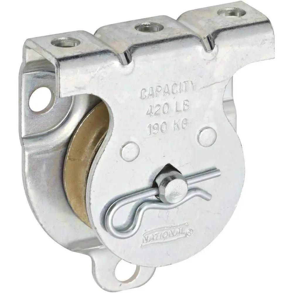 Durable zinc single pulley wall mount, 1-1/2 inch diameter, ideal for smooth rope and cable guidance, front view.