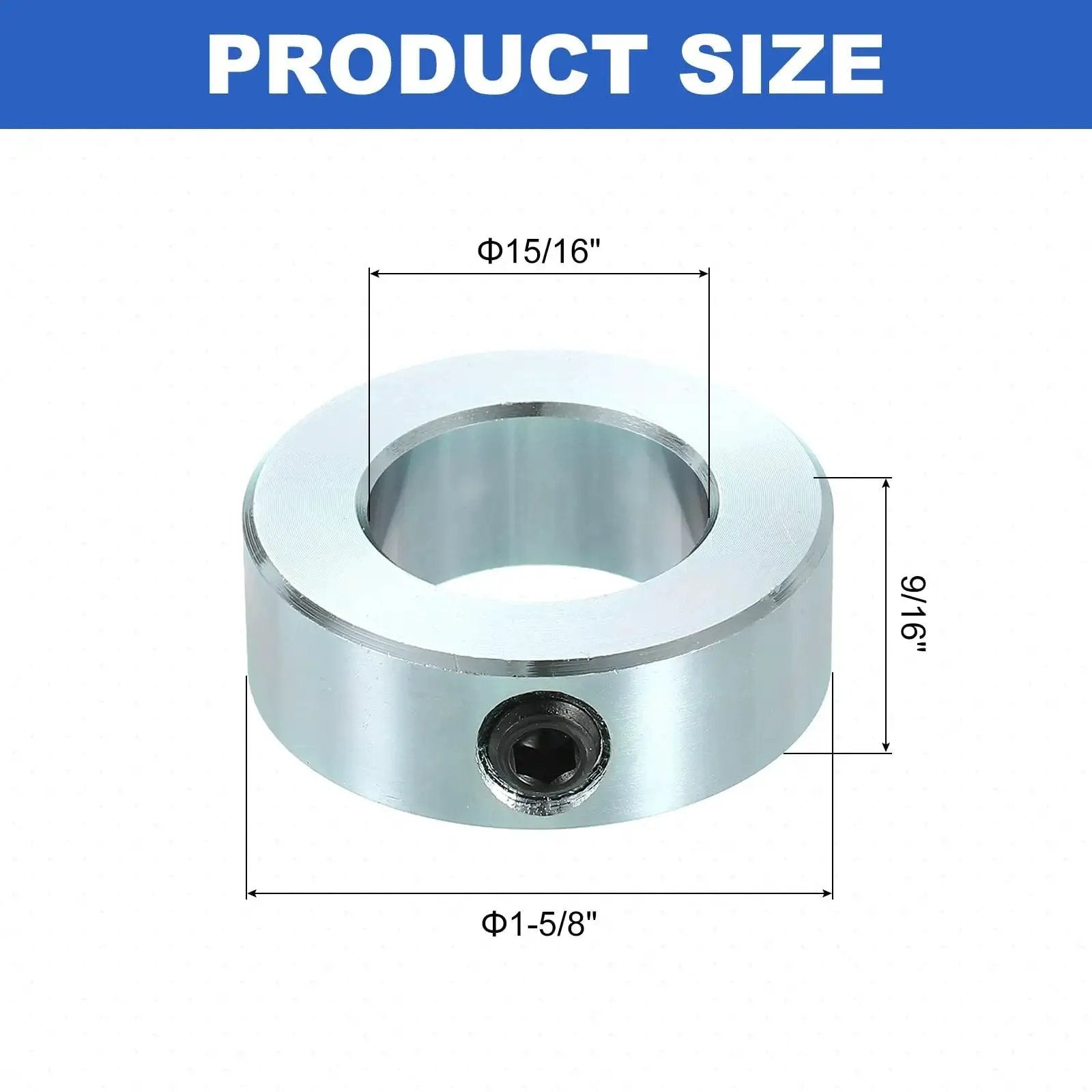 Zinc plated carbon steel set screw shaft collars with a 15/16 bore, 1-5/8 outside diameter and 9/16 inch thickness securely clamp