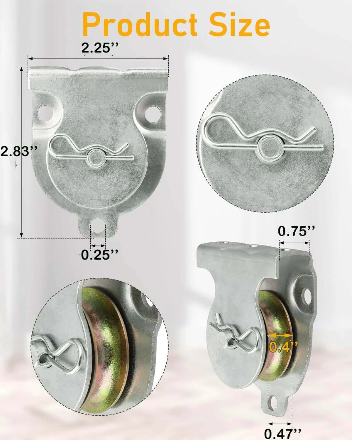 Dimensions and details of 12 Pcs Wall Mount Pulley, 1-1/2" Ceiling Mount Pulley Fit 3/8" Wire Rope, Zinc Plated Removable Small Pulleys with Load 420 Lbs for Lifting.