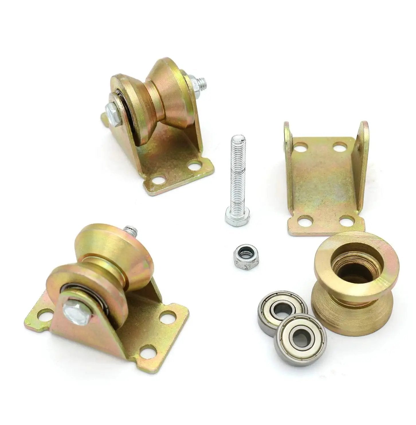 Four Pack Color Zinc Plated V Groove Track Wheel Set 1.2 Inch Diameter Wheel With 1.0 Inch Width And 0.6 Inch V Groove Notch Depth 0.3 Inch Ideal For Sliding Doors Mechanical Carts And Mobile Workbenches Heavy Duty 450 Lb Load Capacity.