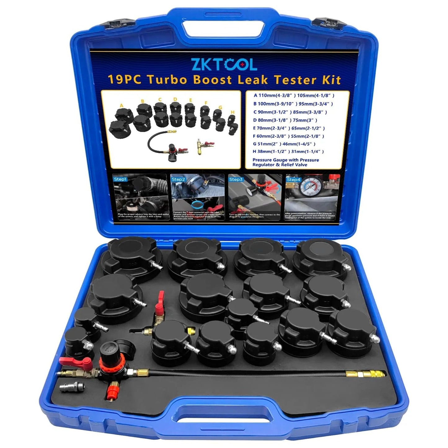 Pro Grade Turbo Leak Tester Kit For Boost Systems And Emissions, 19-Piece Set From ZKTOOL displayed in a blue case with stepped adapters.